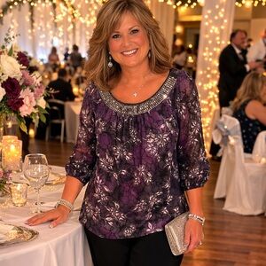 Cato XL Purple Silver Floral Blouse Sequin & Rhinestone Neckline Wedding Guest